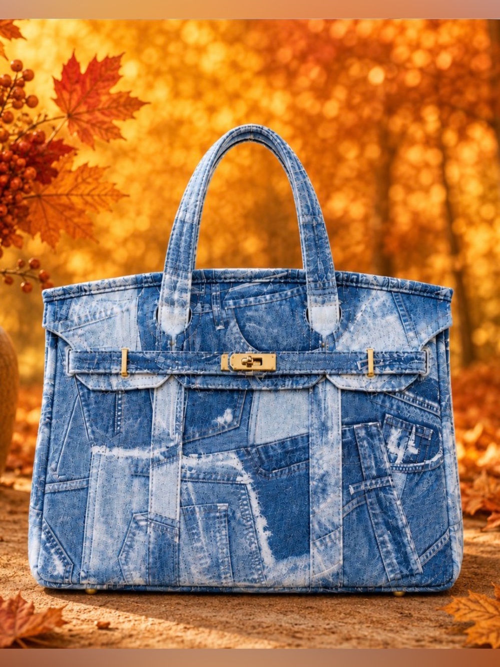 Blue Denim Print Canvas Tote Bag